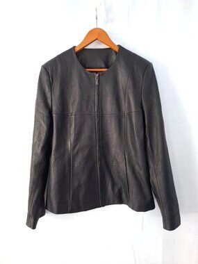Black Leather Collarless Moto Jacket Large Minimalist EUC Edgy Lined